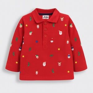 JoJo Maman Bebe Red Christmas Embroidered Polo Shirt